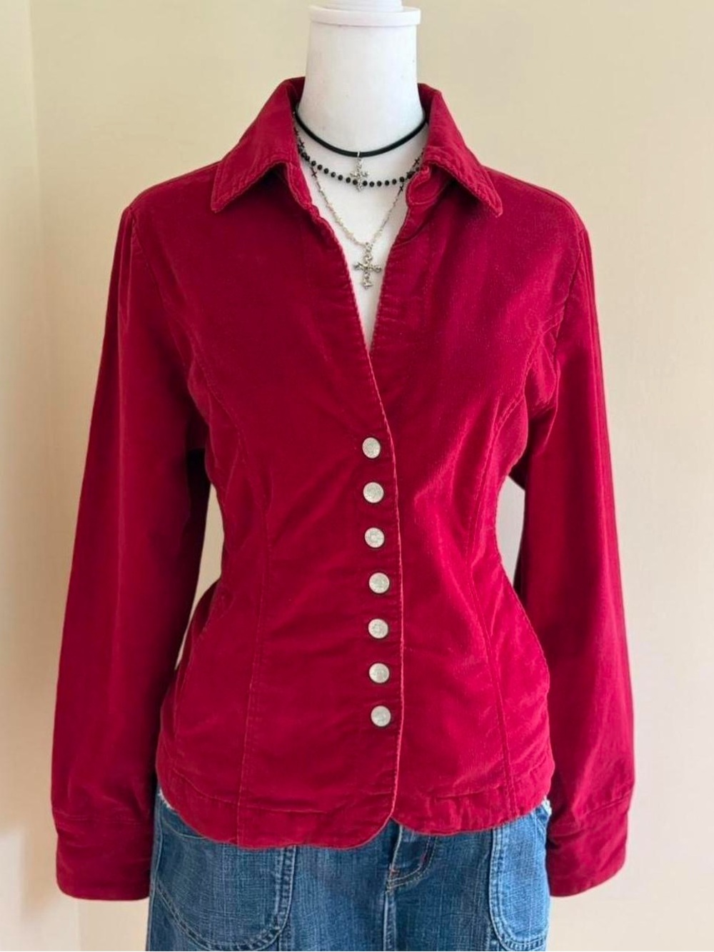 Vintage Y2K red velvet corduroy jacket vamp cyber subversive grunge blouse S-M